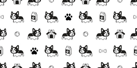 dog seamless pattern french bulldog house pet toy puppy food bone paw footprint vector cartoon gift wrapping paper tile background repeat wallpaper doodle scarf isolated illustration design
