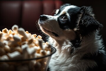 Adorable dog eat popcorn. Ai generative.