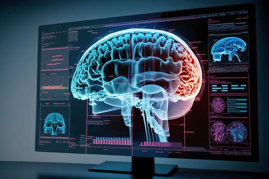 Patient's brain scan results on screen, DNA mutation, virus detection, forensics. Medical software interface with DNA scan results, anomaly detected, lab equipment, mri. 3D illustration