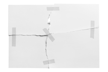Torn sheet of paper glued with adhesive tape, cut out