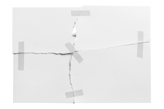 Torn sheet of paper glued with adhesive tape, cut out