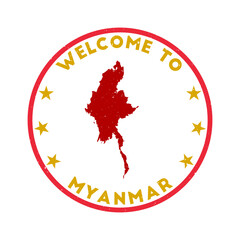 Welcome to Myanmar stamp. Grunge country round stamp with texture in a Deadly Yellow color theme. Vintage style geometric Myanmar seal. Powerful vector illustration.