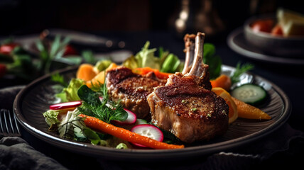 A meal fit for royalty: succulent lamb chops and crispy fried chicken with salad and veggies