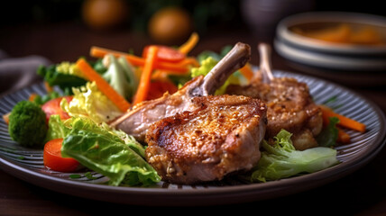 Savor the delectable taste of lamb chops and crispy chicken with a side of salad and carrots