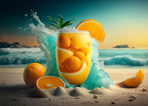 Fresh orange juice with oranges and splashing liquid at the beach by the ocean. Summer cocktail and drinks. Ai generative