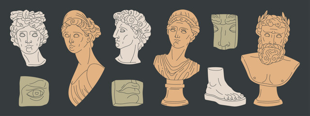 Greek antique sculpture. Classic ancient statues, marble heads and body parts. Mythological greek god and goddess sculptures flat vector illustration set