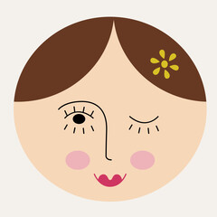 Feminine look, abstract personage, mascot design, funny face, cute icon.