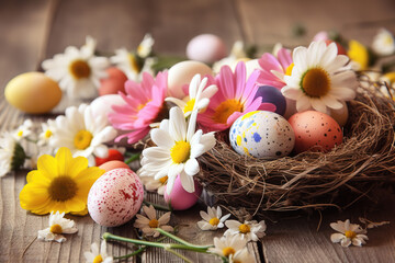 Obraz na płótnie Canvas Happy Easter concept with easter eggs in nest and spring flowers on light background. Easter background with copy space,