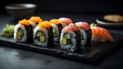 Artfully Plated Sushi and Sashimi on Black Stone Plate in Macro Photography