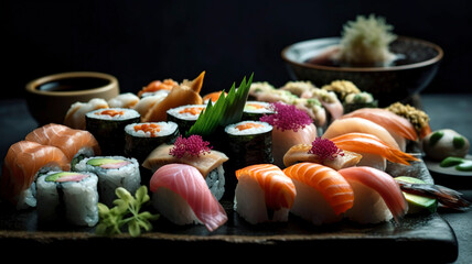 Obraz na płótnie Canvas Exquisite Japanese Cuisine: Set of Sushi and Sashimi on Black Stone Plate