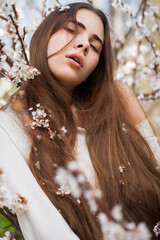 Pretty teen girl are posing in garden near blossom cherry tree with white flowers