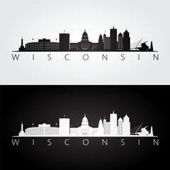 Naklejka premium Wisconsin state skyline and landmarks silhouette, black and white design. Vector illustration.