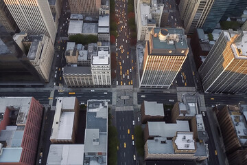  Bird's eye view of city looking down at people and yellow taxi cabs going down  Avenue. Created...