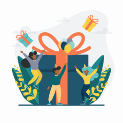 Happy friends making birthday party surprise flat vector illustration. Smiling characters wave their hands. The concept of holiday, joy and fun.
