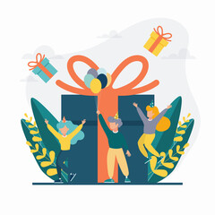 Happy friends making birthday party surprise flat vector illustration. Smiling characters wave their hands. The concept of holiday, joy and fun.
