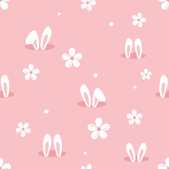 Seamless pattern with rabbits and daisy flower on pink background vector illustration.