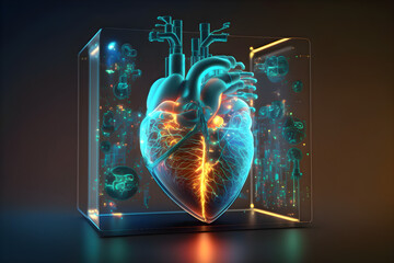 A hologram in the heart of a person, heart disease. Future Healthcare Hi Tech Diagnostic Panel. Modern medical science in the future. 3D illustration, 3D rendering