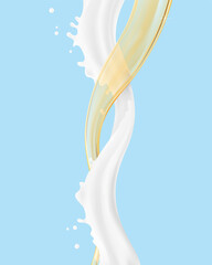 Realistic two swirling waves in a spiral with drops. Vector illustration. Can be use for your design. Great for imaging milk, cream, oil and other liquids. EPS10.	