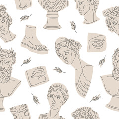Greek ancient sculpture seamless pattern. Classic greek god and goddess sculptures, antique marble heads and body parts flat vector background illustration