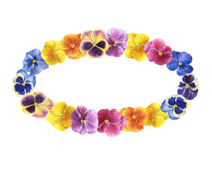 Banner, round frame with the garden tricolor pansy flower (Viola tricolor, viola arvensis, heartsease, violet, kiss-me-quick). Watercolor hand drawn painting illustration isolated on white background.