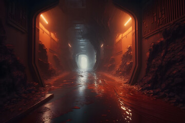 Dark grungy abandoned underpass. Future post apocalypse environment concept. Neural network AI generated art