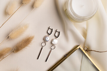 Elegant jewelry set of silver pearl earrings with gem. Jewelry set minimalist style. Handmade...