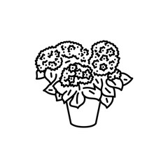 Hydrangea houseplant black line icon. Indoor decorative plant.