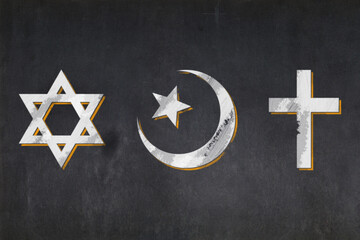 Abrahamic religion symbols drawn on a blackboard