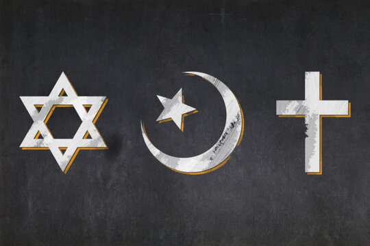 Abrahamic religion symbols drawn on a blackboard