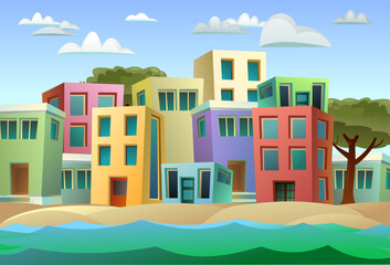 Small cozy town. Landscape on beach seashore. Sea surf waves. Homes and offices. Cartoon fun style. Flat design. Vector.