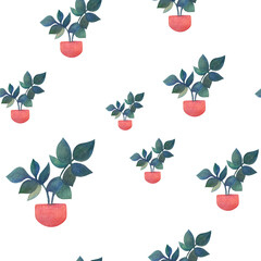 seamless pattern with watercolor house plants. clipart Flowers in a pot - stickers on a transparent background. Print for textiles, fabrics and packaging paper