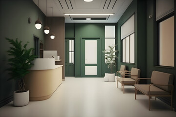 3d rendering. Interior hospital modern design . Counter and Waiting area Empty Reception Medical practice concept.4k