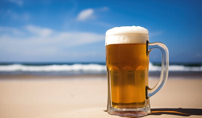 Misted glass mug of cold golden beer on wet sand on a blurred background of the sea coast. Template for promotional poster of hotel, holiday home, private beach vacation. Generative AI photography.