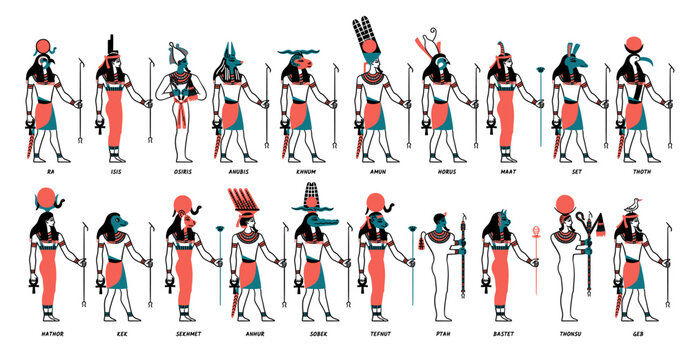 Cartoon Color Characters Egyptian Gods Set Concept Flat Design Style Include of Osiris, Ra and Horus. Vector illustration