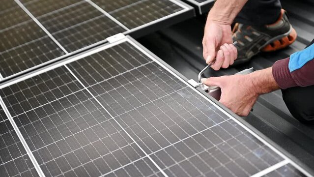 Man technician mounting photovoltaic solar panels on roof of house. Close up engineer installing solar module system with help of hex key. Concept of alternative, renewable energy.