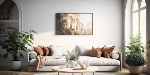 Modern interior in beige and grey colors, cozy living room created with ai generative tools