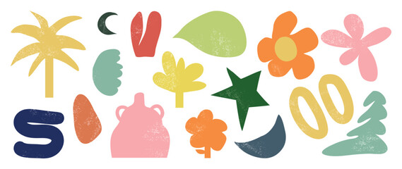 Abstract retro shapes vector set. Star, flower, vase, moon, snake, tree in trendy retro 70s cartoon style. Groovy contemporary aesthetic vector element for logo, decoration, sticker.