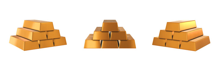 gold ingots stack on transparent background, left, front and right view (3d render)