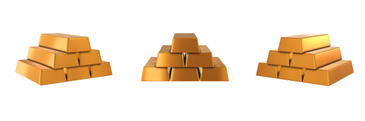 gold ingots stack on transparent background, left, front and right view (3d render)