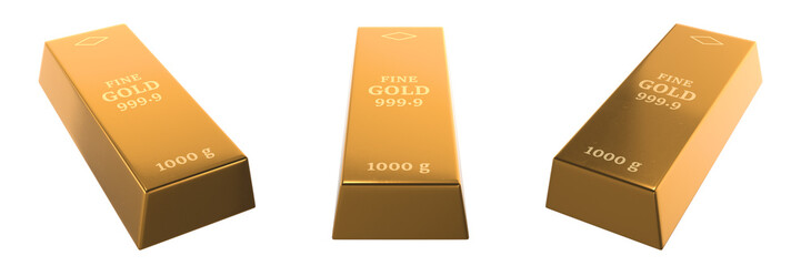 gold ingot on transparent background, left, front and right view (3d render)