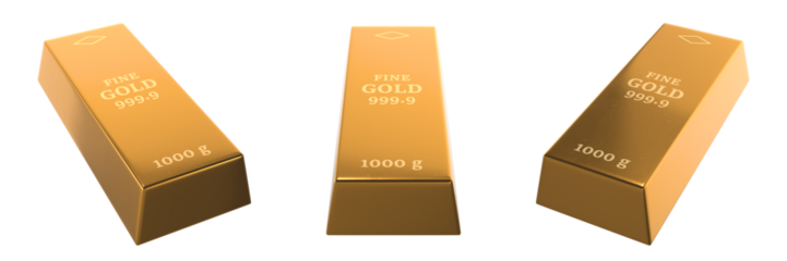 gold ingot on transparent background, left, front and right view (3d render)