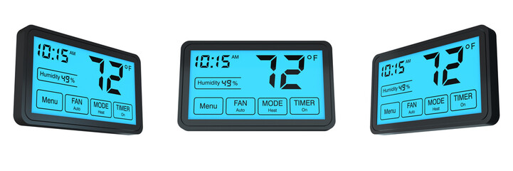 digital programmable thermostat on transparent background, left, front and right view (3d render)