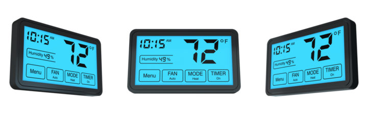 digital programmable thermostat on transparent background, left, front and right view (3d render)