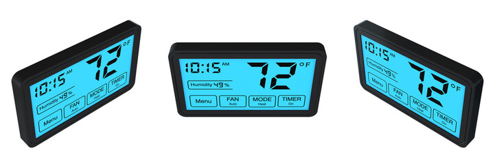 digital programmable thermostat on transparent background, left, front and right view (3d render)