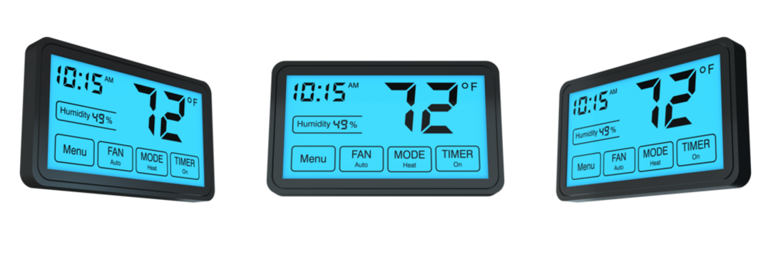 digital programmable thermostat on transparent background, left, front and right view (3d render)