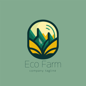 Organic product logo design. Farm logo design. Sun, leaf, green field. Minimal vector emblem