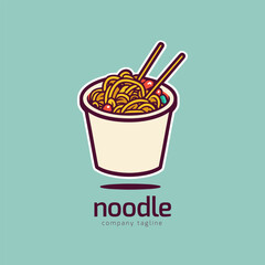 Takeaway chinese food badge of noodle box with chopsticks logo design icon