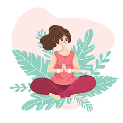 Pregnant woman doing yoga, having healthy lifestyle and relaxation, exercises for pregnant woman. Happy and healthy pregnancy concept. Vector illustration with nature background