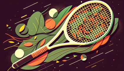 Tennis racket with ball on the court, generative AI.