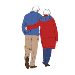  Old Couple People walking together Senior lifestyleHand drawn color Illustration